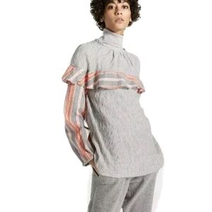 Lemlem Striped Ruffled Cotton Blouse Coral Gray Size M
